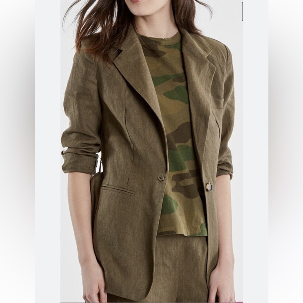 525 AMERICA olive green 100%‎ Linen long sleeves single front button blazer Sz S